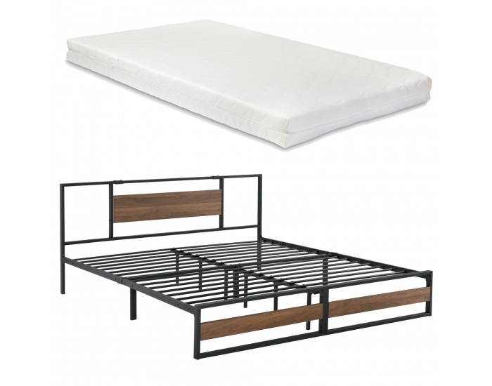 Метално легло Villach, подматрачна решетка и матрак, стоманена рамка, Черно, табла Ефект Орех, 200cm x 180cm