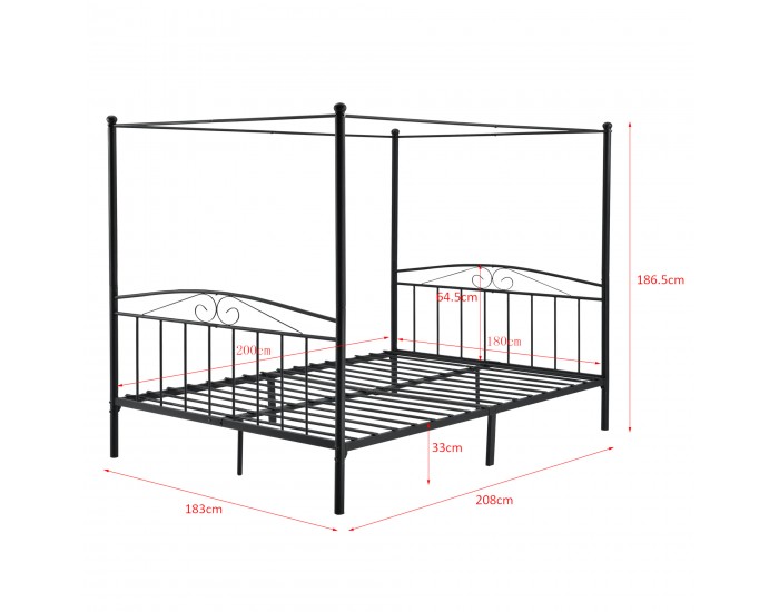 Легло с балдахин Lahti, размери 180x200 см,  Черен цвят