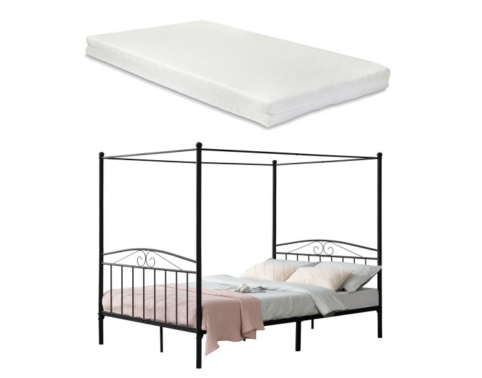Легло с балдахин Lahti, размери 180x200 см,  с матрак от студена пяна, Черен цвят