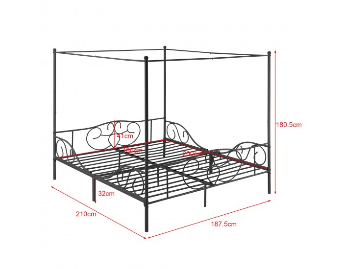 Легло с балдахин Финстрьом, размери  180x200 см,  метална рамка за легло с летва,  черен цвят