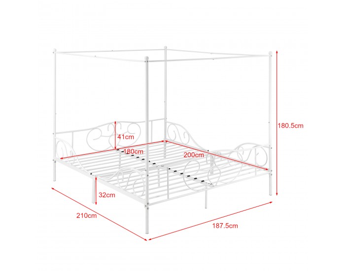 Легло с балдахин Finström, размери  180x200 см,  метална рамка за легло,  с ламелна рамка,  бял цвят