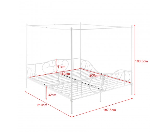 Легло с балдахин Finström,  Метално легло с матрак от студена пяна, размери 180x200 см,  бял цвят