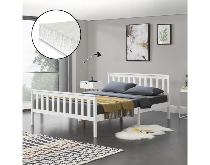 Дървено легло Breda, размери 140x200 см,  с матрак от студена пяна,  Бял цвят