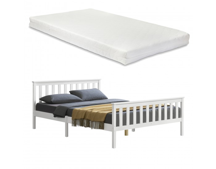 Дървено легло Breda, размери 140x200 см,  с матрак от студена пяна,  Бял цвят