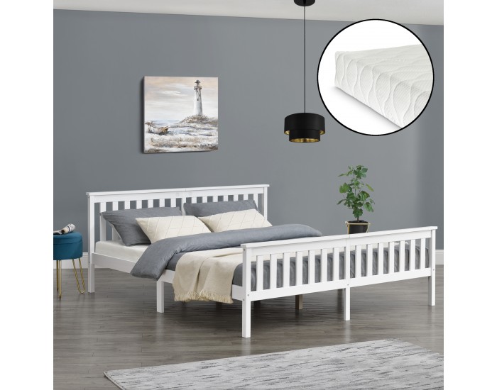 Дървено легло Breda, размери 180x200 см,  Брачно легло с матрак от студена пяна,  Бял цвят