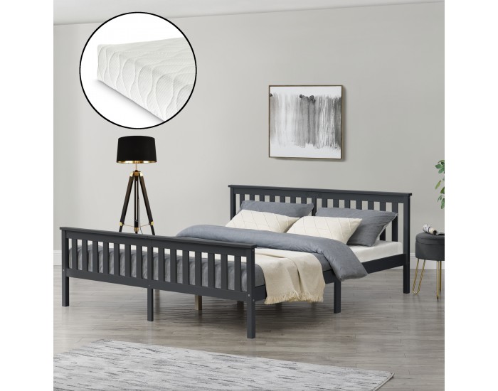 Дървено легло Breda, размери 180x200 см, Брачно легло с матрак от студена пяна,  Тъмно сив цвят