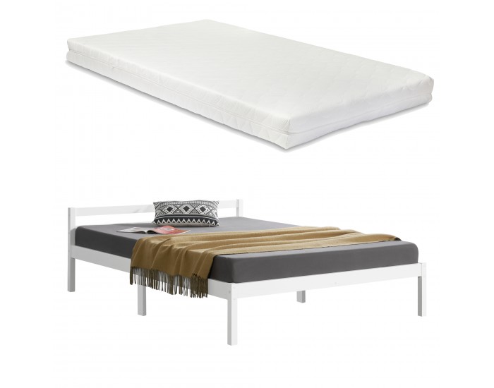 Дървено легло Nakkila, размери 140x200 см, със студен дунапрен,  Матрак,  Бял цвят