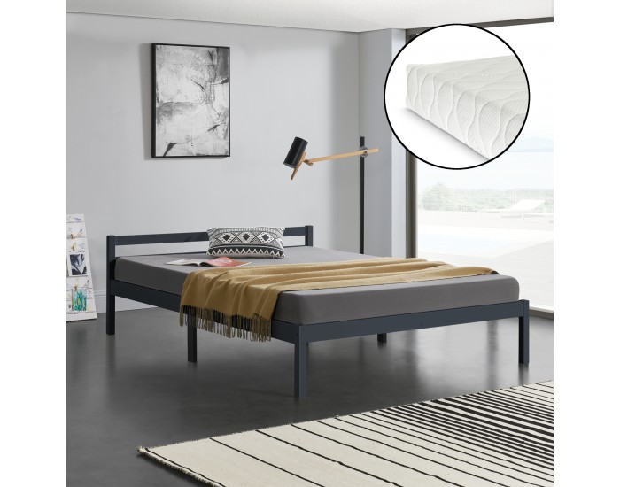 Дървено легло Nakkila, размери 140x200 см,  с матрак от студена пяна,  Тъмно сив цвят