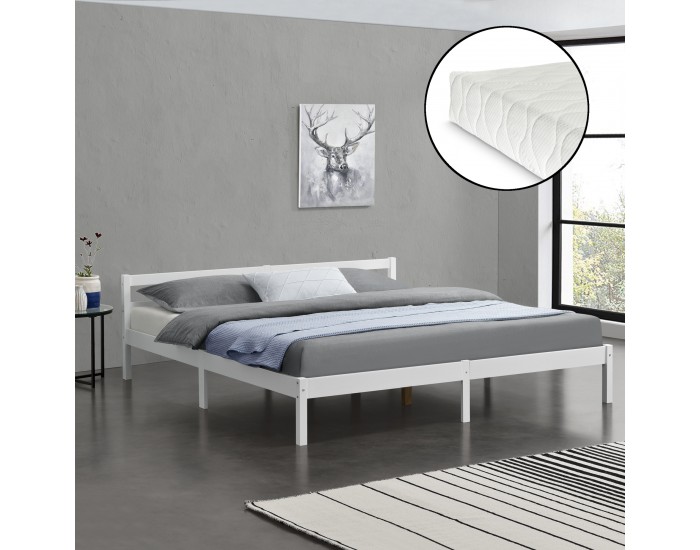 Дървено легло Nakkila, размери 160x200 см, със студен дунапрен,  Матрак,  Бял цвят