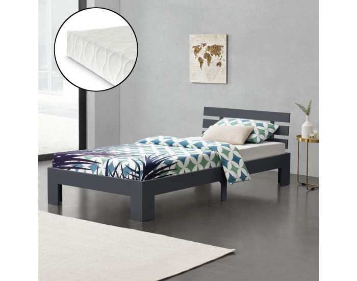 Дървено легло Нивала, размери 90х200 см,  със студен дунапрен,  Матрак,  тъмно сив цвят