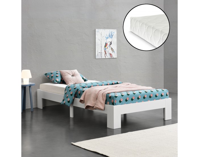 Дървено легло Raisio, размери  120x200 см,  с матрак от студена пяна,  Бял цвят