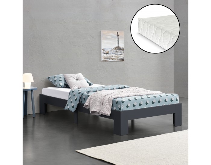 Дървено легло Raisio, размери  90x200 см,  с матрак от студена пяна,  Тъмно сив цвят