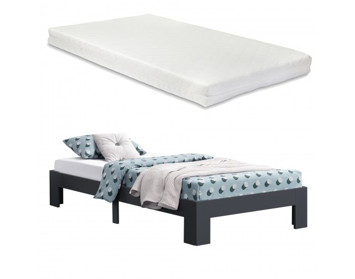 Дървено легло Raisio, размери  120x200 см с матрак,  Cold Dunam, Тъмно сив цвят