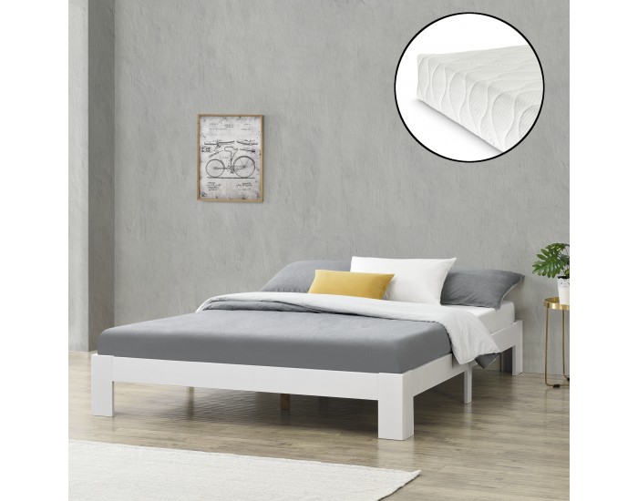 Дървено легло Raisio, размери 180x200 см, с матрак от студена пяна,  Бял цвят
