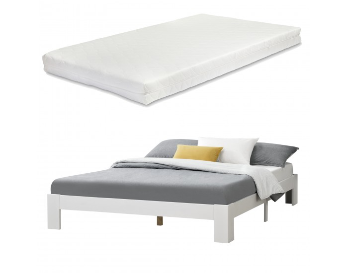 Дървено легло Raisio, размери 140x200 см, с матрак от студена пяна,  Бял цвят