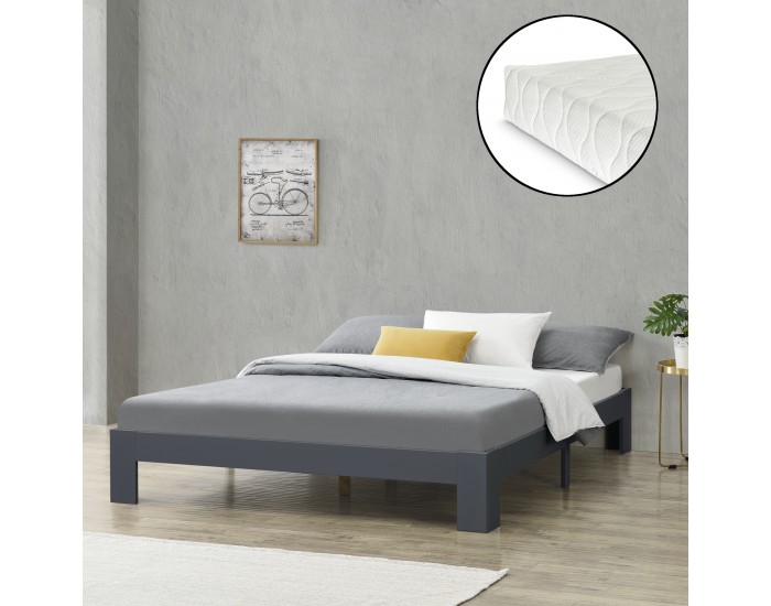 Дървено легло Raisio, размери 140x200 см,  с матрак от студена пяна,  Тъмно сив цвят