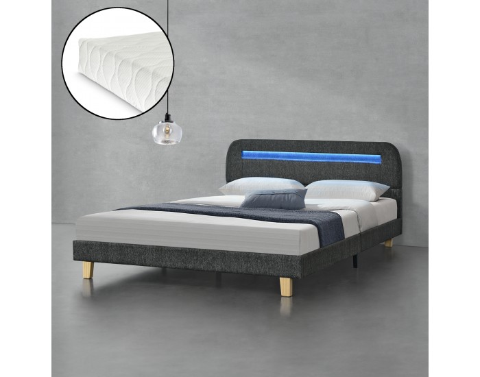 Тапицирано легло Roskilde, с LED осветление и матрак, размери 140х200, калъф от  лен,  тъмно сив цвят