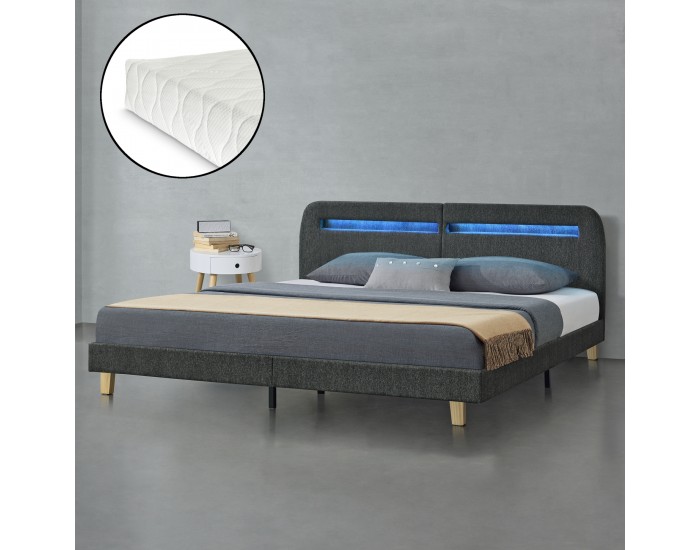Тапицирано легло Roskilde,  с LED осветление и матрак, размери 180х200 см, калъф от  лен,  тъмно сив цвят