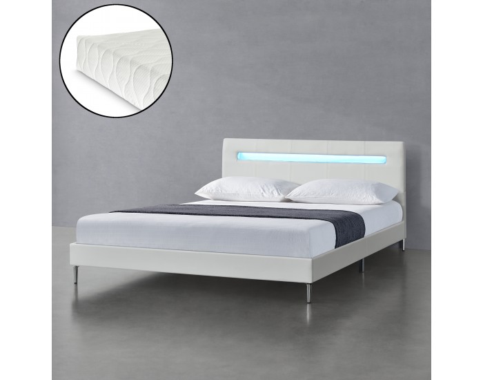LED тапицирано легло Taastrup, с матрак, размери 140x200см, бял цвят LED тапицирано легло Taastrup, с матрак, размери 140x200см, бял цвят