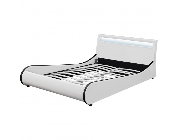 Модерно тапицирано с изкуствена кожа двойно легло Valencia,  200cm x 140cm, Бяло, LED осветление
