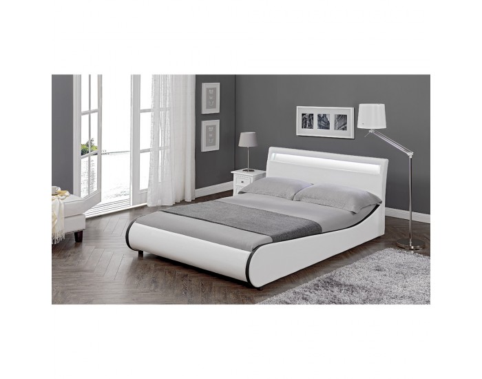 Модерно тапицирано с изкуствена кожа двойно легло Valencia,  200cm x 180cm, Бяло, LED осветление