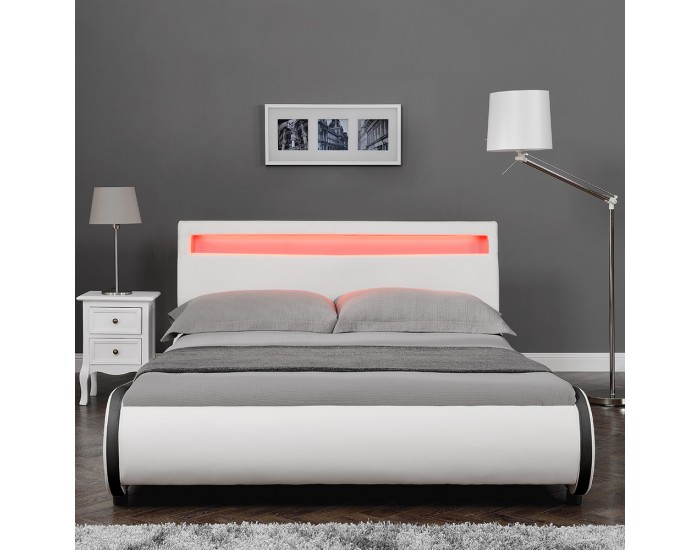 Модерно тапицирано с изкуствена кожа двойно легло Valencia,  200cm x 180cm, Бяло, LED осветление, с матрак