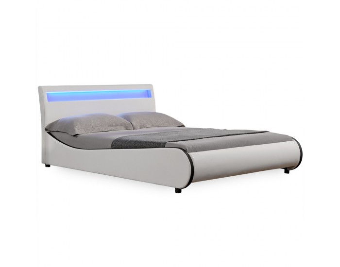 Модерно тапицирано с изкуствена кожа двойно легло Valencia,  200cm x 180cm, Бяло, LED осветление