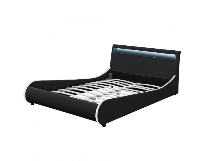 Модерно тапицирано с изкуствена кожа двойно легло  Valencia,  200cm x 180cm, Черно, LED осветление