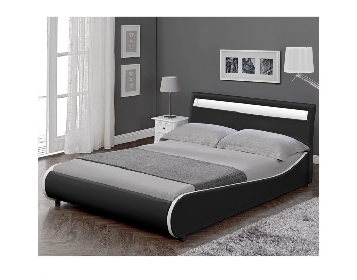 Модерно тапицирано с изкуствена кожа двойно легло  Valencia,  200cm x 140cm, Черно, LED осветление