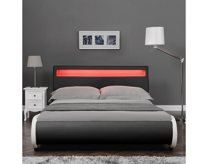 Модерно тапицирано с изкуствена кожа двойно легло  Valencia,  200cm x 140cm, Черно, LED осветление, с матрак