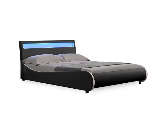 Модерно тапицирано с изкуствена кожа двойно легло  Valencia,  200cm x 140cm, Черно, LED осветление