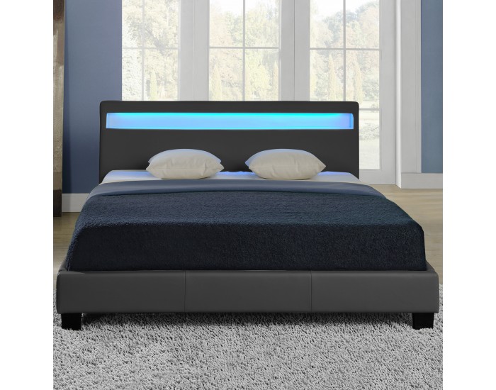 Съвременно тапицирано с еко кожа двойно легло с матрак и LED осветление -Тъмносиво Corium