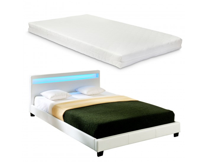 Съвременно тапицирано с еко кожа двойно легло с матрак и LED осветление -Бяло *48986667*