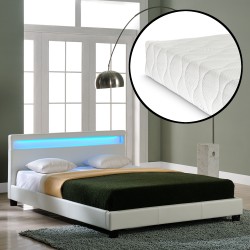 Съвременно тапицирано с еко кожа двойно легло с матрак и LED осветление -Бяло *48986667* - Спалня