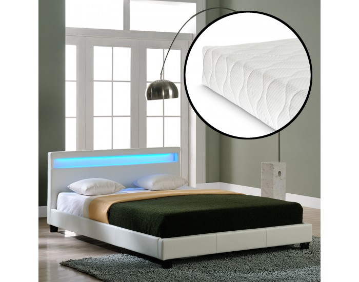 Съвременно тапицирано с еко кожа двойно легло с матрак и LED осветление -Бяло *48986667*