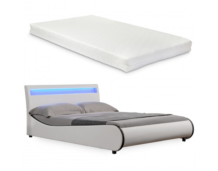Модерно тапицирано с изкуствена кожа двойно легло Valencia,  200cm x 140cm, Бяло, LED осветление, с матрак