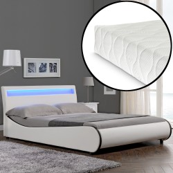 Модерно тапицирано с изкуствена кожа двойно легло Valencia,  200cm x 180cm, Бяло, LED осветление, с матрак - Тапицирани легла