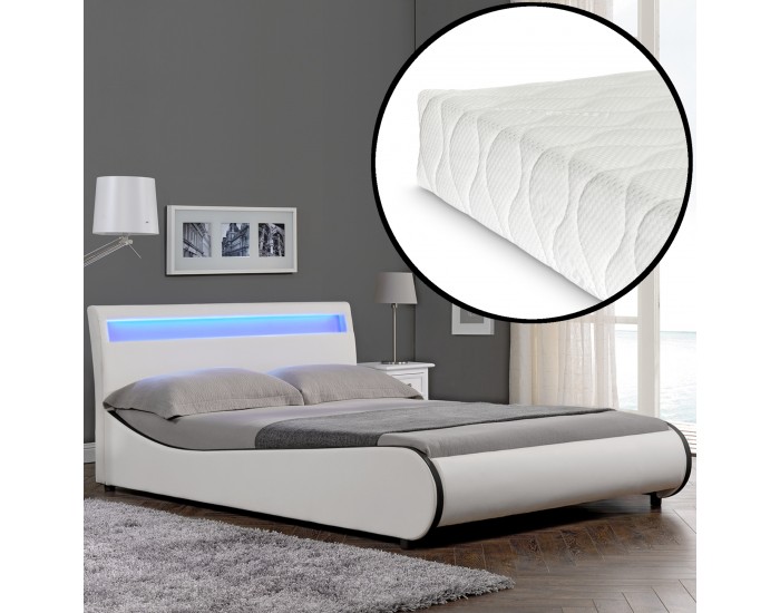 Модерно тапицирано с изкуствена кожа двойно легло Valencia,  200cm x 140cm, Бяло, LED осветление, с матрак