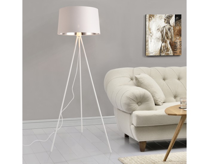 Подова лампа Manchester, триножник, E27 метал, текстил, бяло-сребриста,150 cm