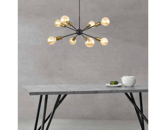 Висяща лампа Amiens,  8-пламъчна E27, месингова, черен цвят