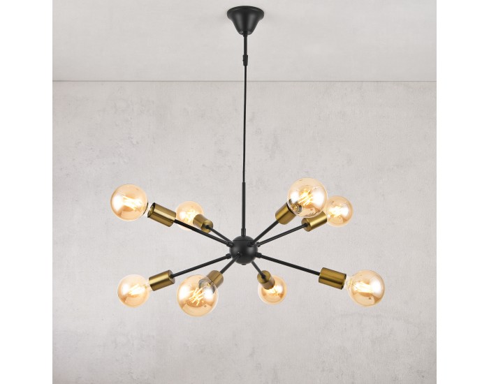 Висяща лампа Amiens,  8-пламъчна E27, месингова, черен цвят