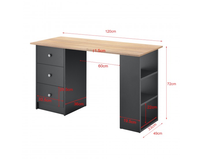 Работно бюро с 3 рафта и чекмеджета за съхранение, 120x49x72cm, Тъмносиво/Ефект Дърво