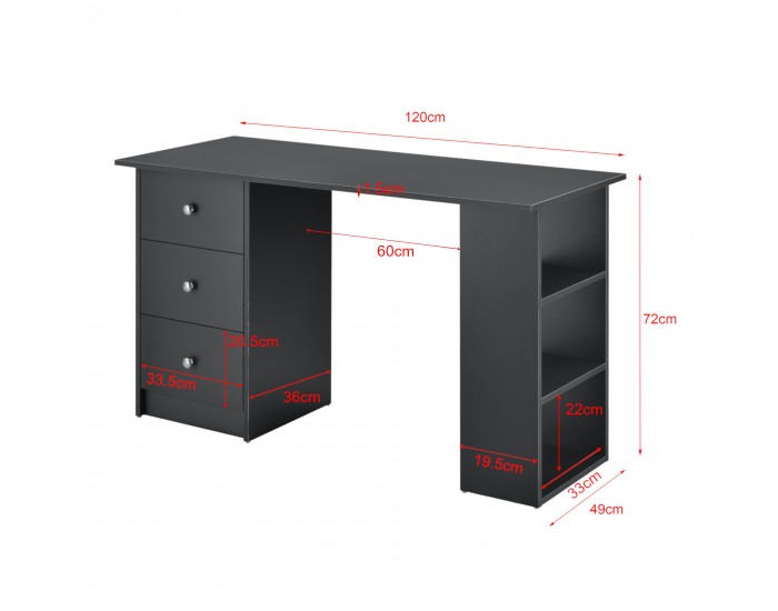 Работно бюро с 3 рафта и чекмеджета за съхранение, 120x49x72cm, Тъмносиво