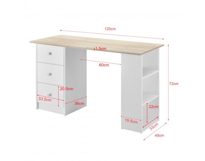 Работно бюро с 3 рафта и чекмеджета за съхранение, 120x49x72cm, Бяло/Ефект Дъб