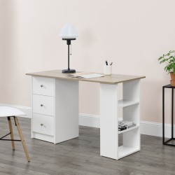 Работно бюро с 3 рафта и чекмеджета за съхранение, 120x49x72cm, Бяло/Ефект Дъб - Бюра