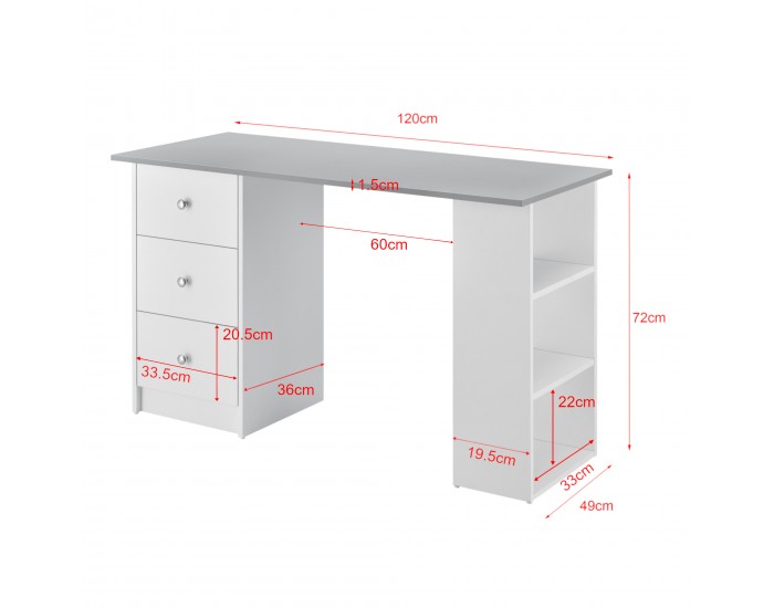 Работно бюро с 3 рафта и чекмеджета за съхранение, 120x49x72cm, Бяло/Светлосиво
