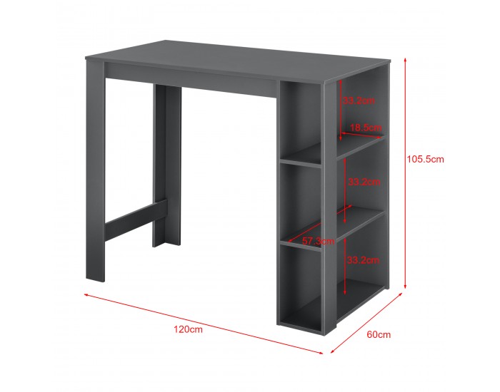 Бар плот Danderyd 120x60x106 см,  с 3 рафта, Тъмно сив цвят