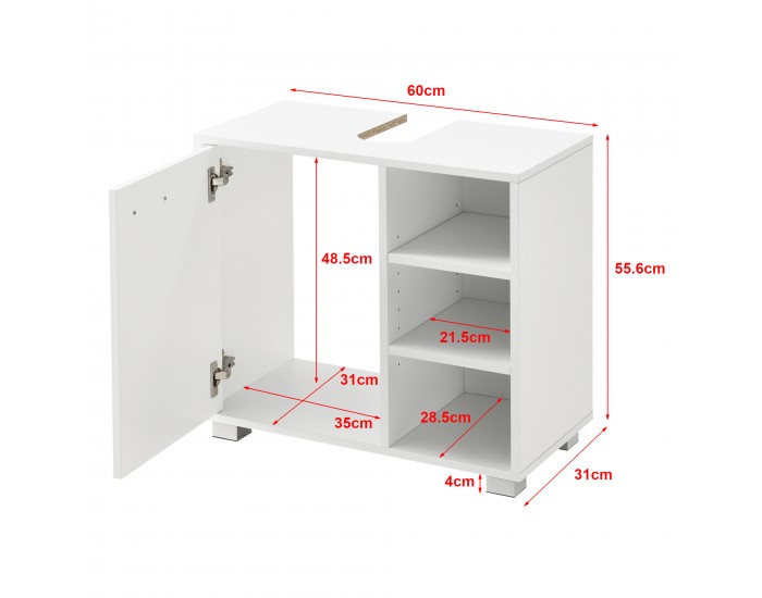 Долен шкаф за баня Narvik, 56 x 60 x 31 cm, с вратичка, с 3 рафта, с отвор за сифон, ПДЧ, бял