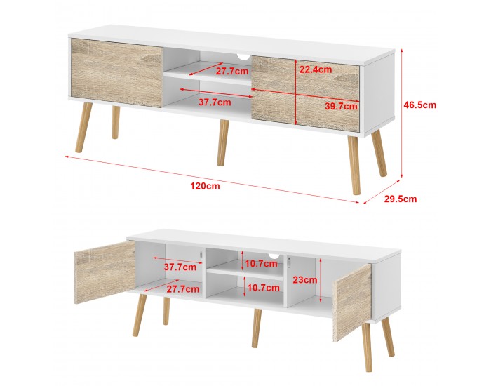 ТВ маса Eskilstuna, размери 120 x 29,5 x 46,5 см, с 2 врати на шкафа и 2 рафта, дъб, Бял цвят ТВ маса Eskilstuna, размери 120 x 29,5 x 46,5 см, с 2 врати на шкафа и 2 рафта, дъб, Бял цвят