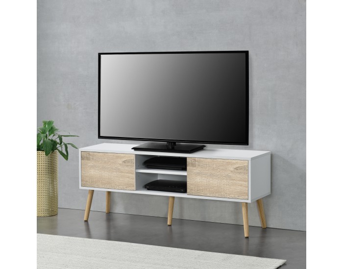 ТВ маса Eskilstuna, размери 120 x 29,5 x 46,5 см, с 2 врати на шкафа и 2 рафта, дъб, Бял цвят ТВ маса Eskilstuna, размери 120 x 29,5 x 46,5 см, с 2 врати на шкафа и 2 рафта, дъб, Бял цвят